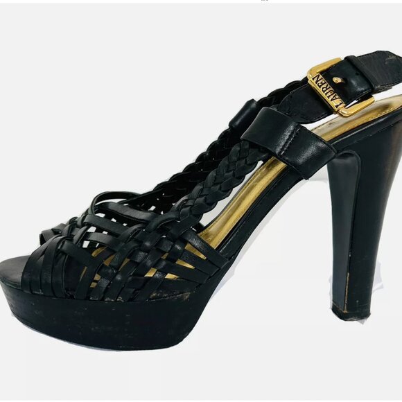 RALPH LAUREN 🖤 Black Vachetta Leather Slingback Platform Heels | Size 9 - Picture 1 of 10